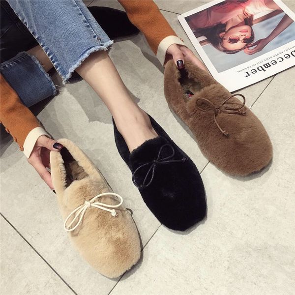 

loafers fur platform shallow mouth round toe women's casual shoes flats bow-knot autumn creepers dress butterfly new fall, Black