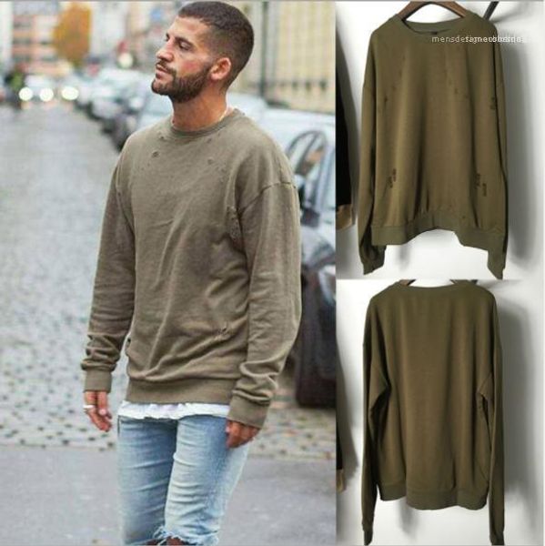 

pullover sweatshirts fashion mens streetwear holes mens designer hoodies street solid color oversize crew neck long sleeved, Black