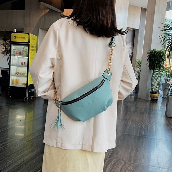 

tassel women fanny pack multi-function chest bag pu leather ladies belt bag bum pochete sac banana chain female waist pack purse
