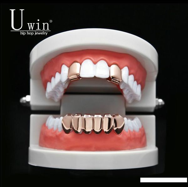 

uwin hip hop rose color custom mouth grillz set 2pcs single &6 teeth bottom set gold grills, Black