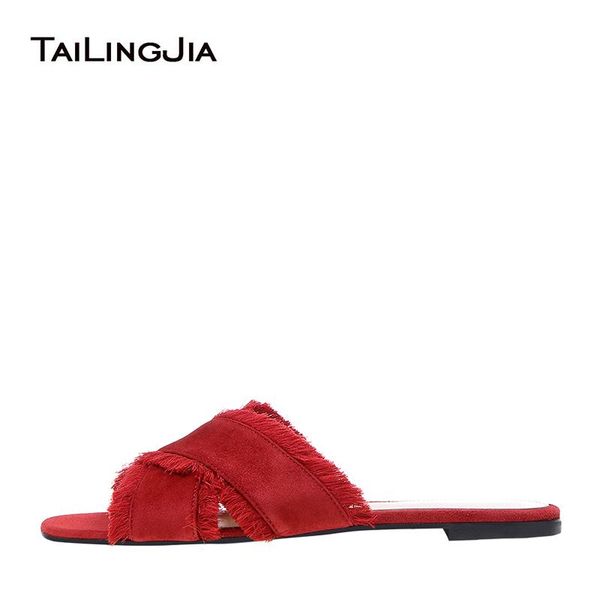 

women cross band red suede slippers black satin fringe beach shoes dark blue velvet flat sandals vacation shoes wholesale 2019 ing