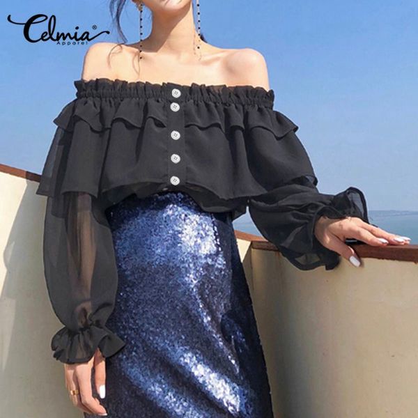 

модные блузки celmia sexy с плеча без бретелек топы женщины с длинным рукавом лето перспектива кнопки офис оборками blusas s-5xl, White