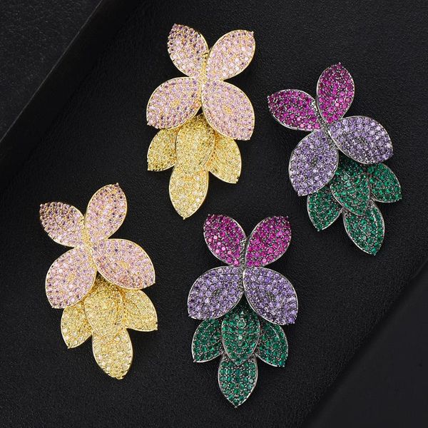 

godki celebrity favorite leaf leaves flower collection full micro cubic zirconia paved wedding bridal earring for women, Silver