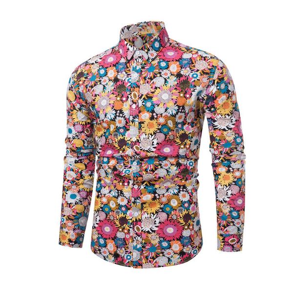 

hawaii colorful flower print men turn down collar long sleeve shirt slimed fit top, White;black