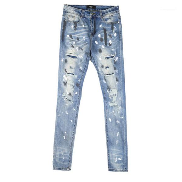 

огорченные тонкие модные мужские брюки горный хрусталь брызги чернил мальчики карандаш брюки 2020 весна мужская дыра джинсы рваные, Blue