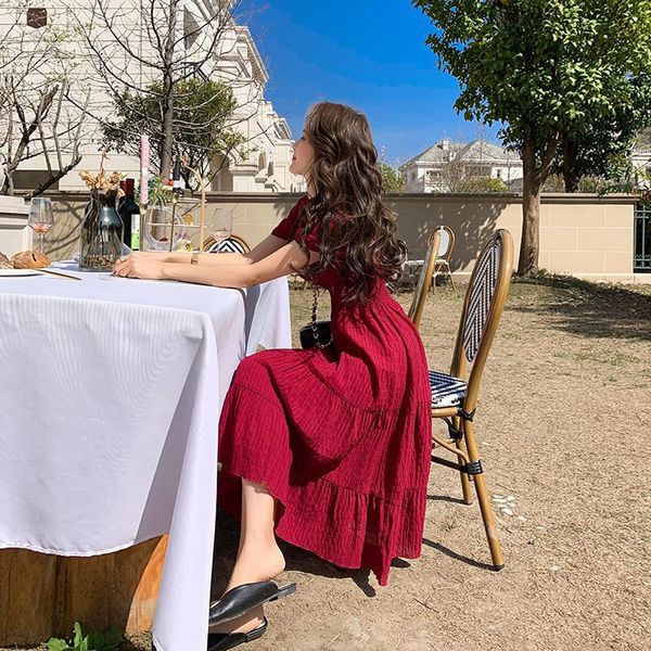 

platycodon's first love skirt, french long skirt, waist closed, thin red dress, female xia, Black;gray