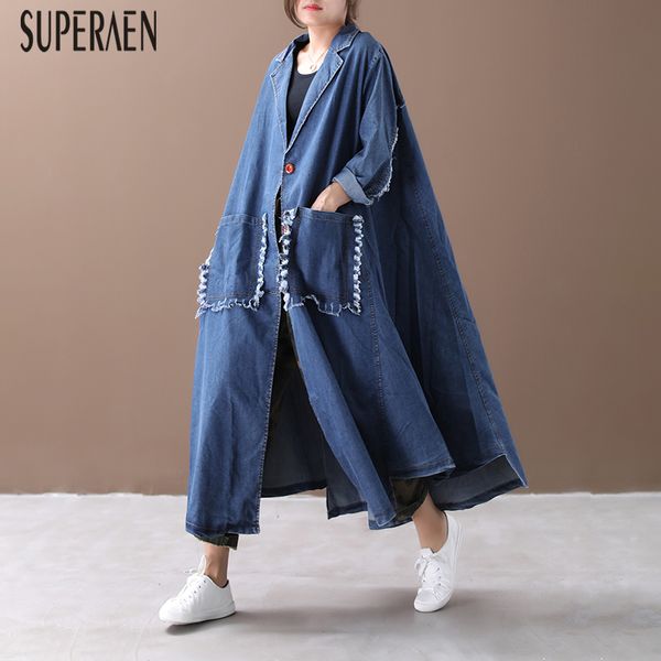 

superaen autumn 2019 new korean style denim trench coat for women loose pluz size ladies windbreaker fashion women clothing, Tan;black