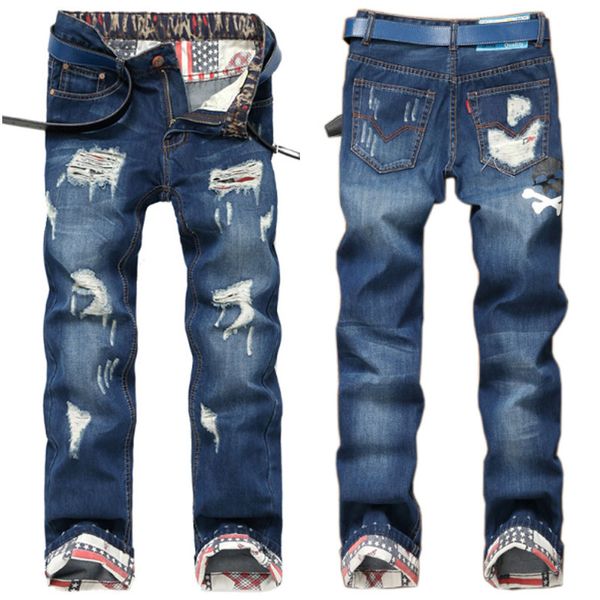

new designer men's jeans mens distressed ripped skinny jeans classic washed slim moto biker causal mens denim pants hip hop men jeans 0, Blue
