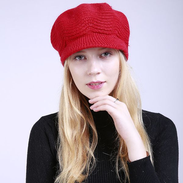 

autumn winter brim wool hat solid color soft beanie female women warm fleece inside knitted visors cap, Blue;gray