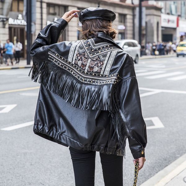 

2020 pu leather jacket women loose fringed rivet tassel punk short leather coat motorcycle outerwear lady embroidery coats py116, Black