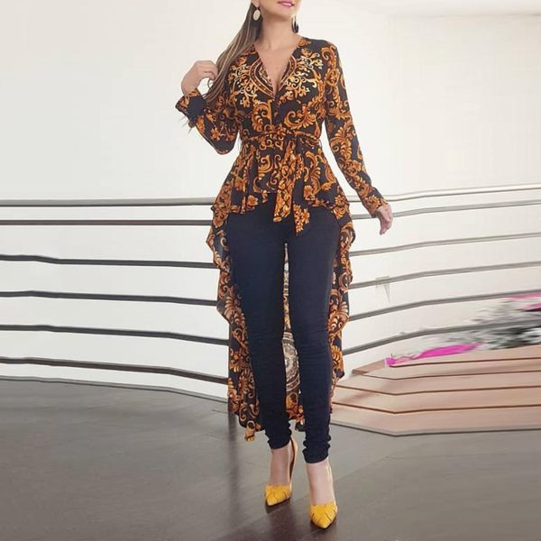 

blouse women ethnic print irregular long shirt spring autumn 2019 ladies casual office workwear female slim shirts d30, White