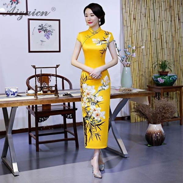 

yellow elegant retro printing cheongsam long dresses qi pao women chinese traditional clothing dress qipao similar silk robe, Red