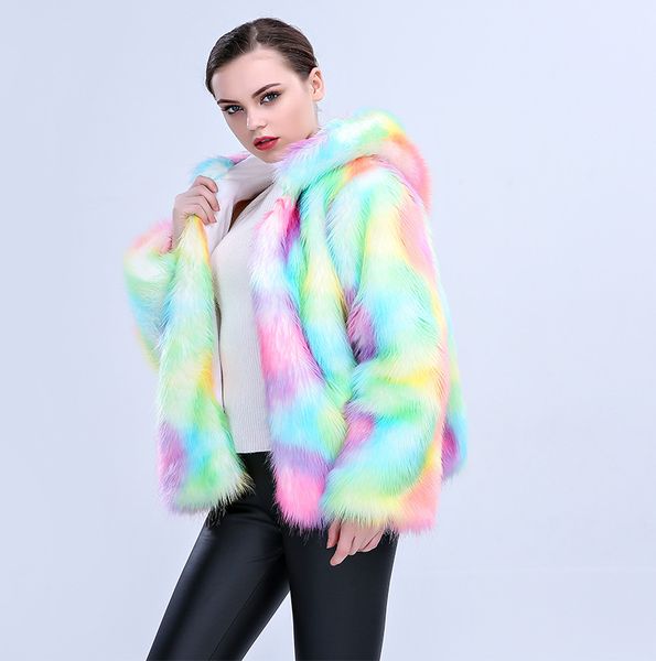 

bcd1507168 new fashion lady short hooded jacket color fur overcoat thickened warm women faux fur coat, Black