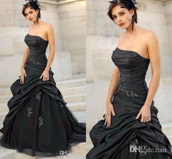 

black gothic wedding dresses 2019 strapless custom sweep train a-line pleats applique taffeta vintage bridal gowns vestidos de novia, White