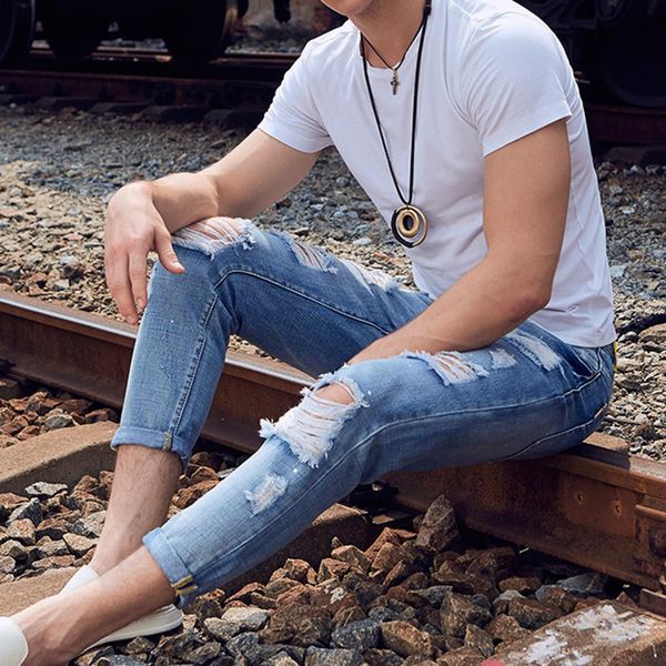 

fashion men spring summer denim punk hip ripped jeans loose pants streetwear ing, Blue