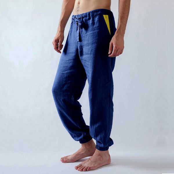 

mens pants summer elastic waist breathable sport fitness lace up long trousers, Black