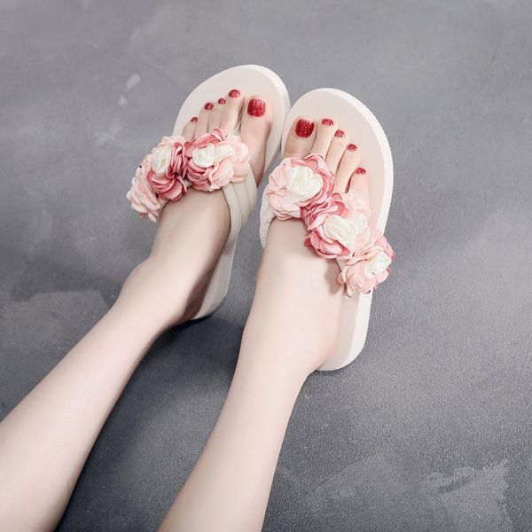 

women summer new elastic wedge heel herringbone ladies sandals muffin slippers camellia flowers 2020 women's shoes, Black