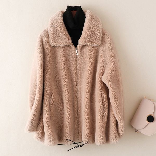 

sheep fur coat short style women jacket winter 2019 wool blends turn-down collar outerwear female clothing thick warm real price, Black