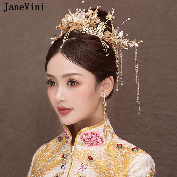 

janevini vintage chinese style bridal headband pearls ancient gold butterfly hairpins tassels wedding jewelry hair accessories, Golden;white
