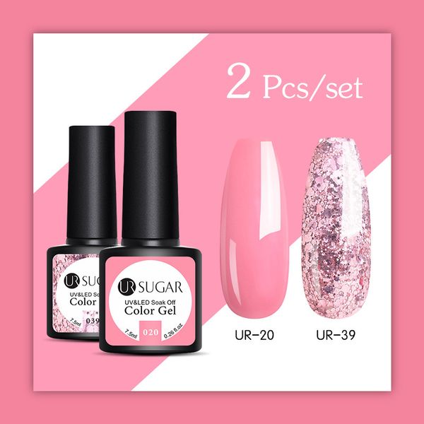 

ur sugar 2pcs/set pure glitter nail gel polish set pink hybrid color series semi permanent led nail lacquer set sequins gel, Red;pink