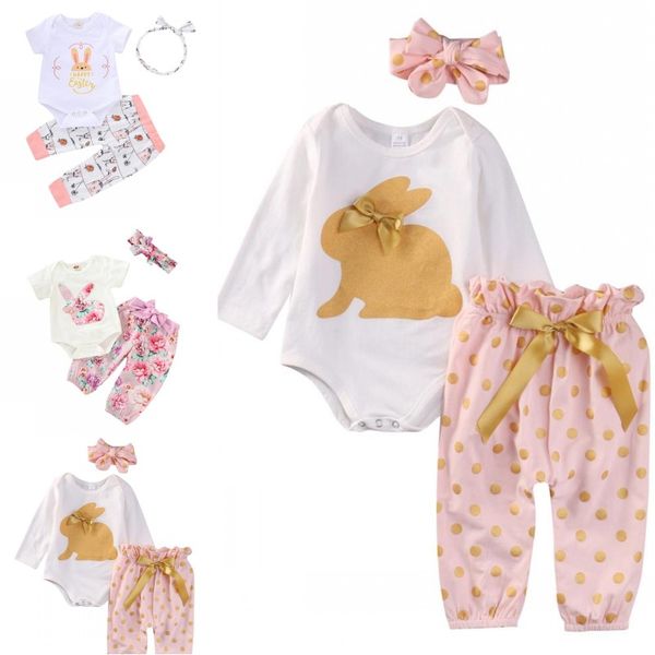 

baby girls short long sleeve easter rabbit romper+dot flower printed pants+headband 3 pieces outfit suit kids cute clothing set 3 colors, White