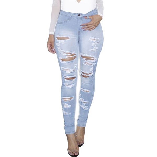 

women skinny ripped jeans women high waist elasticity pencil jeans ladies blue denim pants distressed for