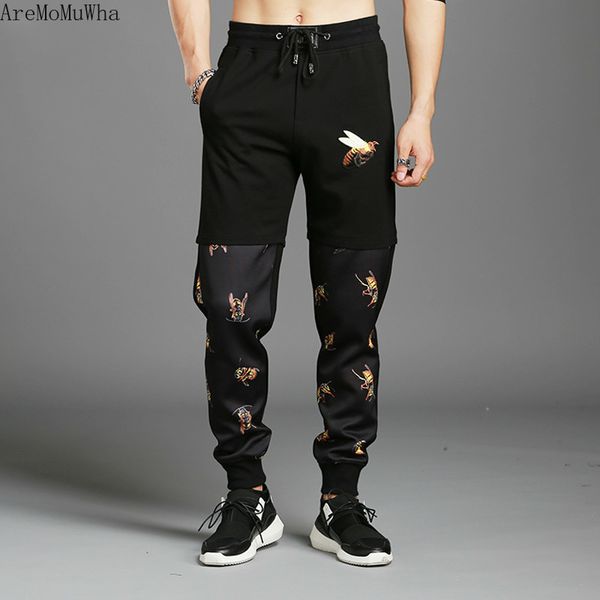 

aremomuwha 2019summer thin section casual pants trousers men's tide sports pants slim embroidery personality harlan qx1017, Black