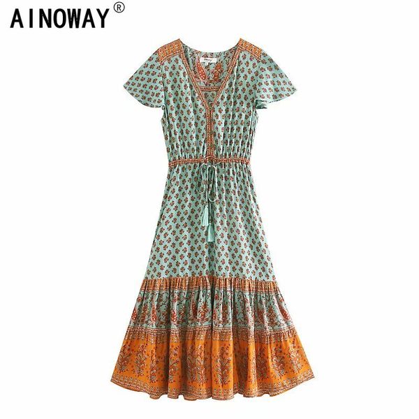 

урожай шикарные женщины цветочные печати рукав летучая мышь пляжа богемское макси платье дамы v-образным вырезом кисточкой лето boho happie, Black;pink