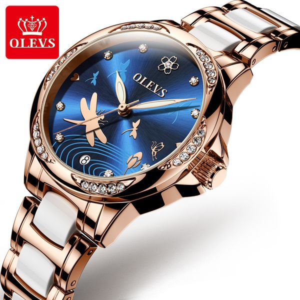 

olevs ladies mechanical watch stainless steel ceramic strap waterproof luminous calendar luxury rhinestone dragonfly watch, Slivery;brown
