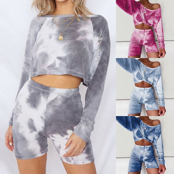 

yoga outfits women fashion print loose tracksuits casual two piece set summer street crop shorts multicolor tie dye lounge wear, White;red