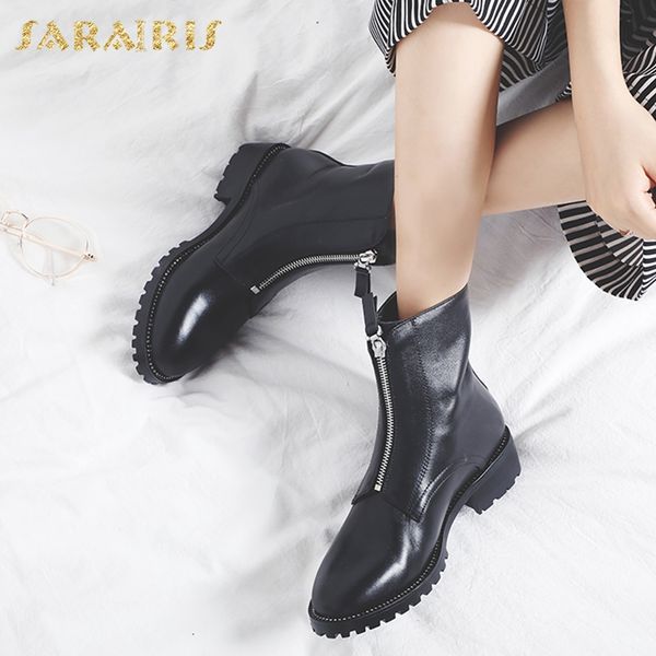 

sarairis 2018 genuine cow leather large size 33-42 zip up fashion shoes woman boots female ankle boots women shoes, Black