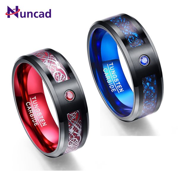 

nuncad 8mm men's ring tungsten carbide ring wedding band celtic dragons red green blue carbon fiber tungsten ring comfort fit, Golden;silver