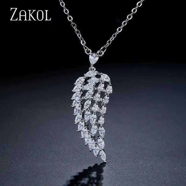 

zakol new arrival fashion leaves cubic zircon pendent necklaces for women girl love angel wings christmas gift jewelry fsnp2020, Silver