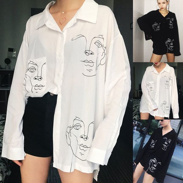 

fashion womens cardigan cartoon print loose long sleeve button casual shirt blusas verano mujer 2019 tallas grandes#g30, White