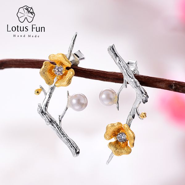 

lotus fun real 925 sterling silver earrings handmade designer fine jewelry delicated plum blossom flower drop earrings for women cx200624, Golden