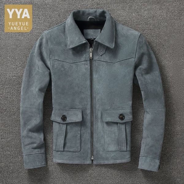 

autumn mens vintage genuine leather coats slim fit turndown collar zip cowhide short jackets british men motorcycle jacket, Black