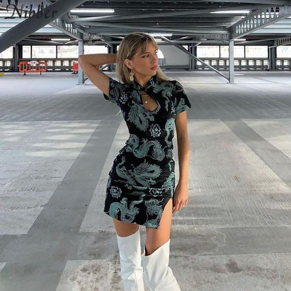 

nibber elegant vintage traditional female slim cheongsam ropa mujer summer hollow out printing banquet tang suit mini dress, Black;gray