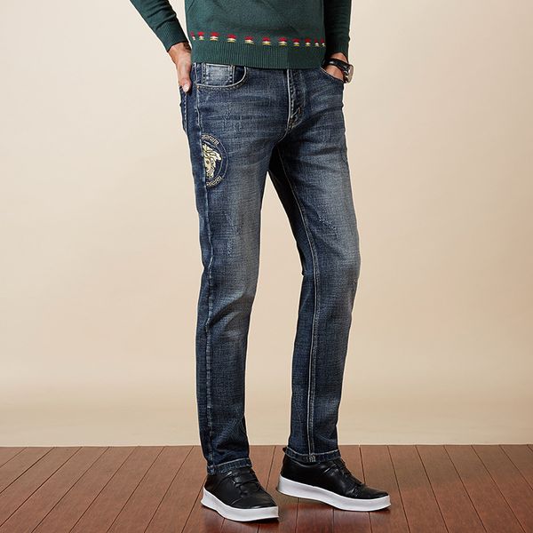 

2019 новый дизайнерские джинсы мужчины старый изношенные tight леггинсы роскошные одежды тонкий локомотив мото байкер hip hop ripped skinny, Blue