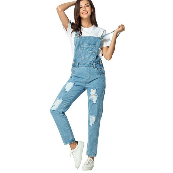 

moruancle fashion women's ripped denim bib overalls distressed jeans jumpsuits for lady destroyed suspender pants size s-xl, Blue