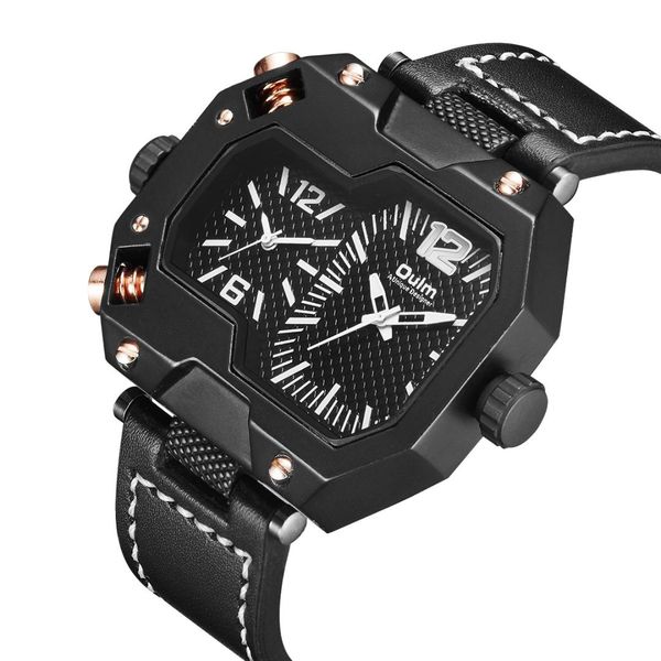

men's leather quartz watch personality dial double time zone men's watch luxury popular, Slivery;brown