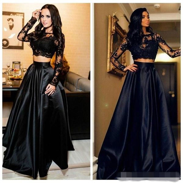 2019 preto de duas peças vestidos de baile jóias pescoço apliques de comprimento de cetim até o chão maxi vestido de festa vestido de festa de formatura