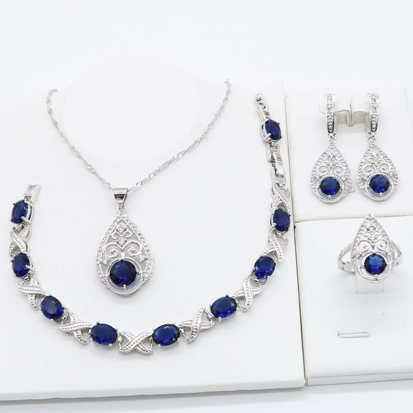 

royal blue semi-precious 925 silver jewelry sets for women necklace pendant bracelet ring earrings christmas birthday gift, Slivery;golden