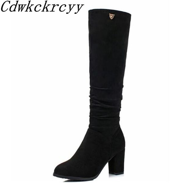 

women boots autumn and winter new style fashion suede round head coarse heel knee length high boots plus size 34-43, Black