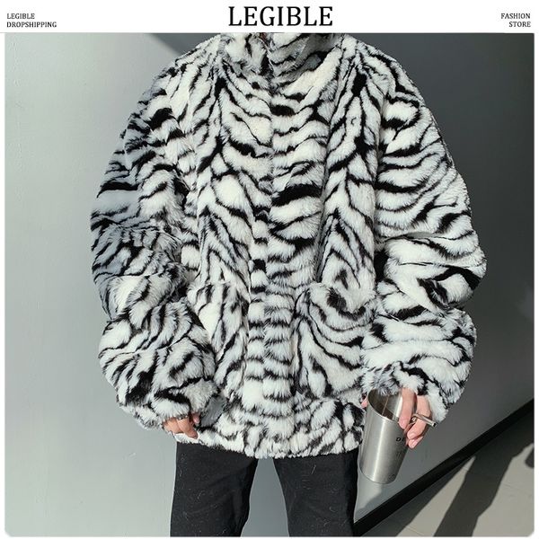 

legible 2019 winter men faux fur zebra pattern parka jacket male fashion loose warm coat male streetwear thicken oversize, Black