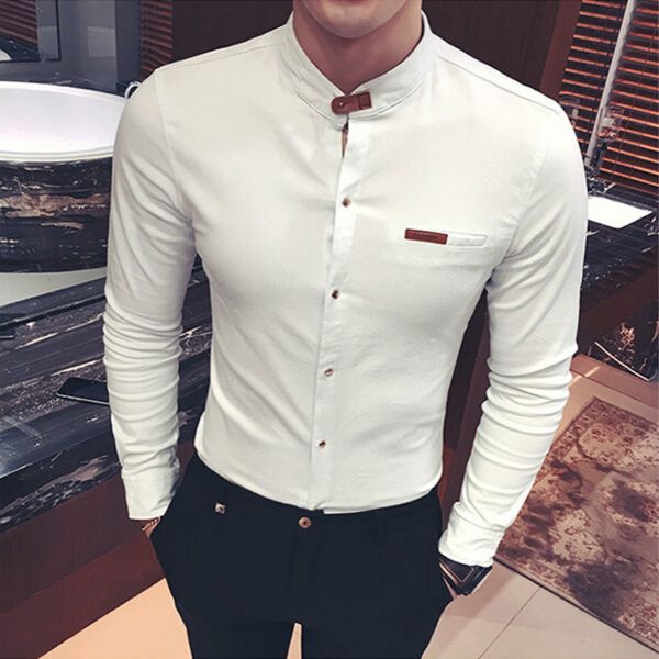 

men fashion spring autumn shirts long sleeve solid casual print black white slim fit clothing fashion color collarless shirt, White;black