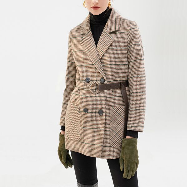 

осень и зима пальто женщин вскользь плед пояс украшение пальто, Black