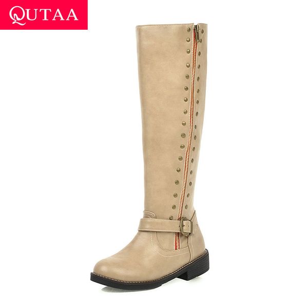 

qutaa 2020 rivet buckle zipper autumn winter fashion women shoes round toe pu leather low heel casual knee high boots size 34-43, Black