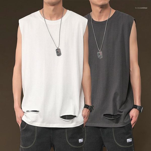 

sleeveless tank summer hip hop style loose solid color tees crew neck mens sports, White;black
