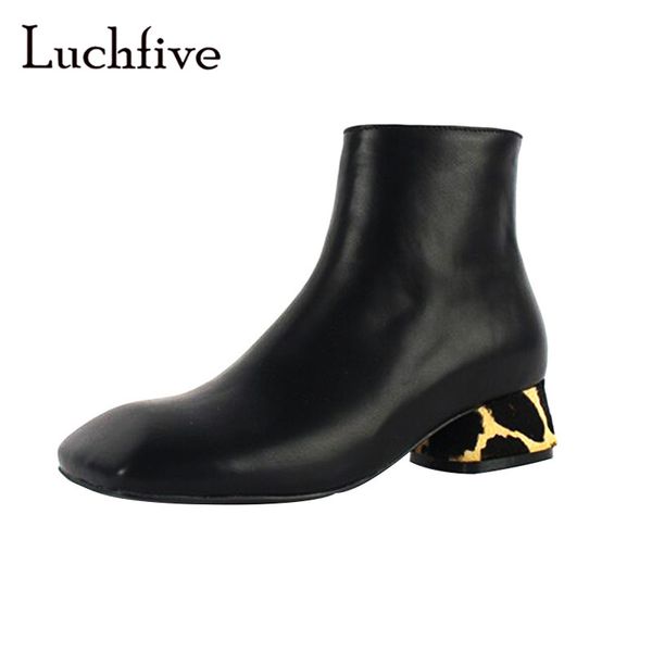 

fashion leopard chunky heels ankle boots women classic square toe zipper short boots black outwear casual shoes woman