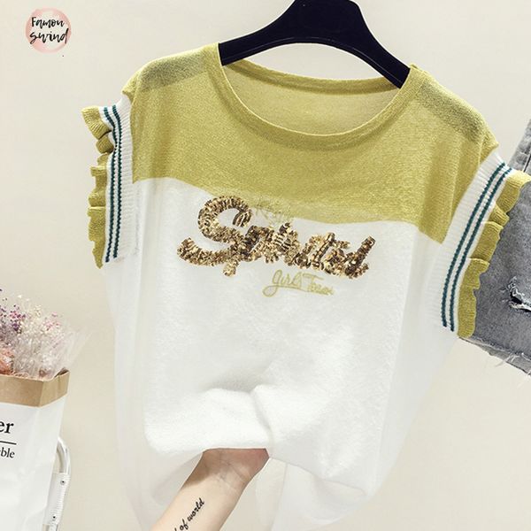 

t shirt summer new loose women letter sequins ice flutter sleeve silk girl casual sweet tshirts y447, White